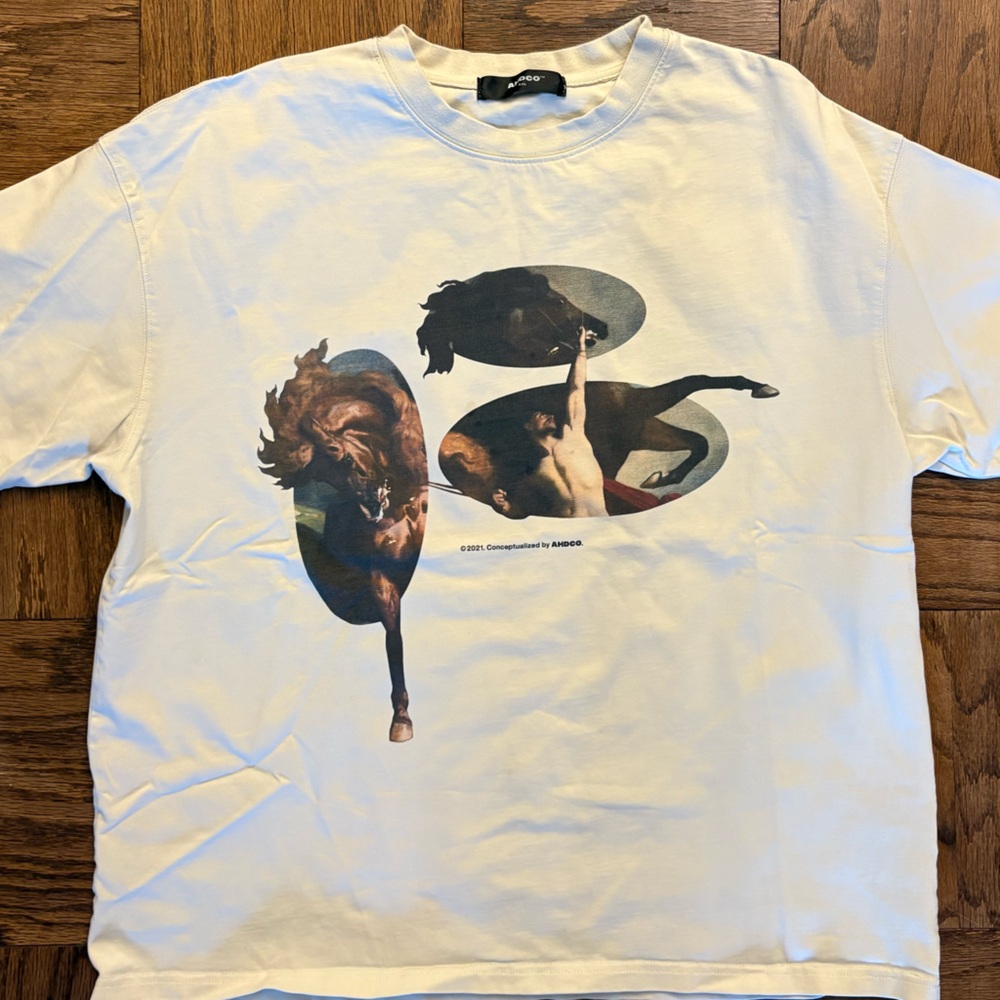 White Short-Sleeve Tee with Brown and Black Equine Graphic